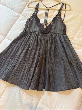 Free People Lace-Trim Crinkle Chemise dress in Charcoal Gray